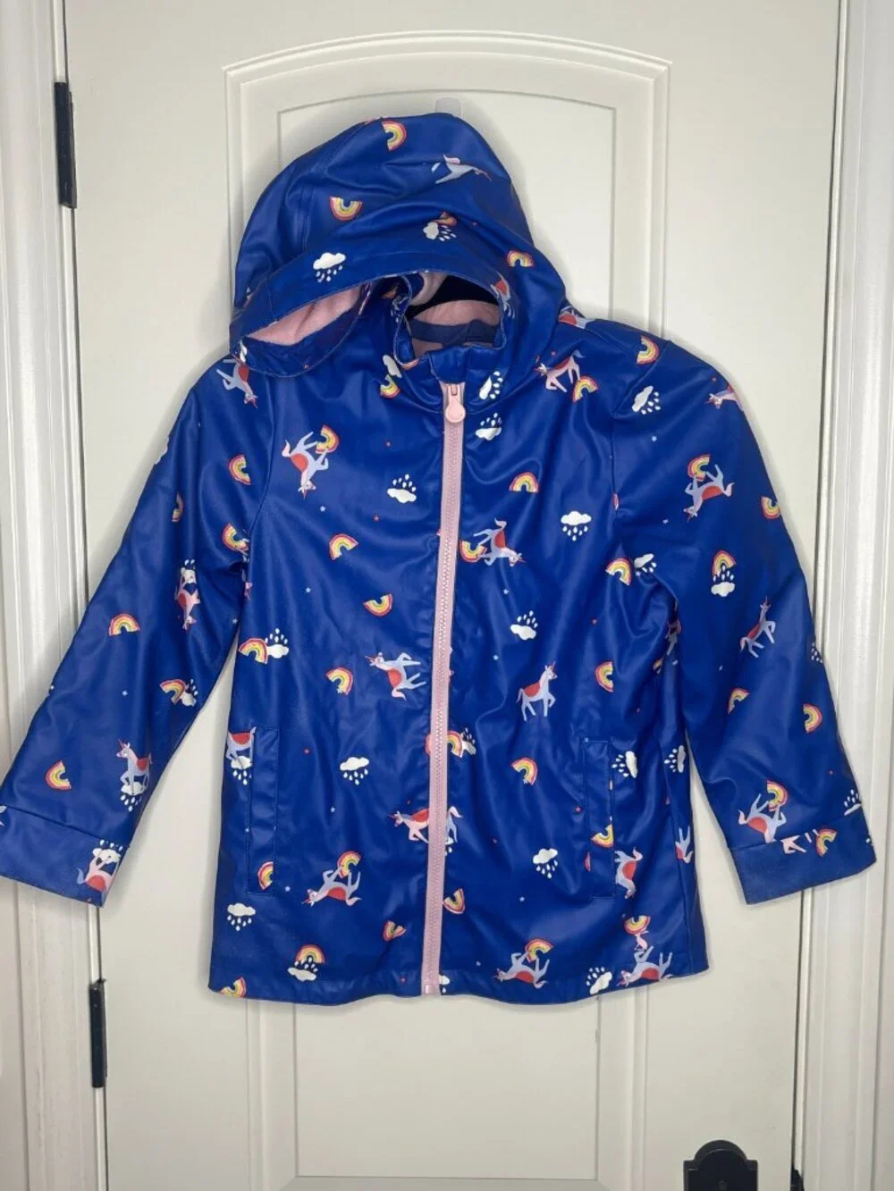 Joules Blue Raindance Unicorn Rubber Lined Hooded Rainbow Raincoat 7-8Y